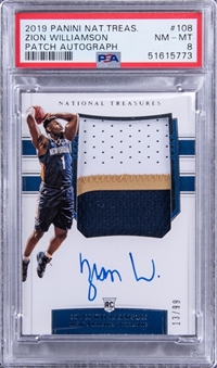 2019-20 Panini National Treasures Patch Autograph #108 Zion Williamson Signed Patch Rookie Card (#13/99) - PSA NM-MT 8